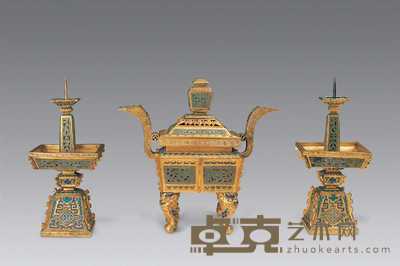 清中期 铜鎏金填珐琅嵌玉兽面纹三供 高26cm